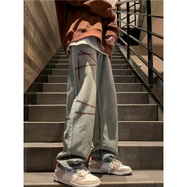 Men's Vintage Denim Jeans, Casual Streetwear Straight Leg Loose Pants For Outdoor Spring Fall