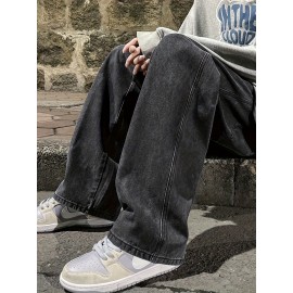 Men's Fashion Solid Loose Fit Straight Leg Jeans, Casual Street Style Denim Pants For Casual Daily Wear