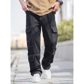 Men'S Street Style Cotton Blend Jeans, Loose Fit Straight Leg Denim Pants, Non-Stretch Solid Color, with Multiple Pockets, for All-Season Trousers