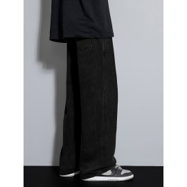 Men's Street Style Wide Leg Denim Jeans, Casual Drawstring Pants, Hip-Hop Loose Fit Jeans