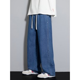 Men's Street Style Wide Leg Denim Jeans, Casual Drawstring Pants, Hip-Hop Loose Fit Jeans