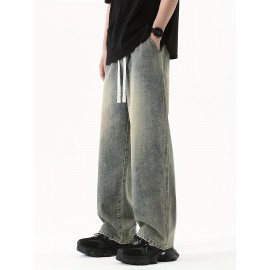 Men's Street Style Wide Leg Denim Jeans, Casual Drawstring Pants, Hip-Hop Loose Fit Jeans