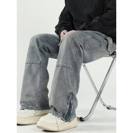 Men's Solid Denim Barrel Pants With Pockets, Vintage Style Cotton Blend Split Jeans For Spring Fall Outdoor Activities