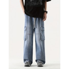 Men's Loose Gradient Color Denim Trousers With Pockets, Causal Drawstring Cotton Blend Jeans For Outdoor Activities