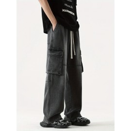 Men's Loose Gradient Color Denim Trousers With Pockets, Causal Drawstring Cotton Blend Jeans For Outdoor Activities