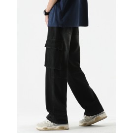 Men's Loose Gradient Color Denim Trousers With Pockets, Causal Drawstring Cotton Blend Jeans For Outdoor Activities