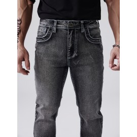 ESDVQ Men's Vintage-Inspired Embroidered Stretch Jeans - Slim Fit, Cotton Blend Denim with Pockets