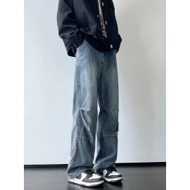 Men'S Casual Denim Jeans with Ripped Details, Mid Waist Regular Fit Non-Stretch Solid Color Jeans with Pockets, Zipper Fly All-Season Cotton Blend Denim for Outdoor Weekend Activities