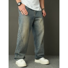 Men'S Faux Denim Washed Retro Casual Straight Leg Pants Fashionable And Versatile High Street Loose Wide Leg Pants