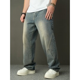 Men'S Faux Denim Washed Retro Casual Straight Leg Pants Fashionable And Versatile High Street Loose Wide Leg Pants