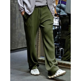 Men's Casual Drawstring Pants - Mid-Waist, Straight Leg, Solid Color Ribbed Design, Polyester Blend, Machine Washable