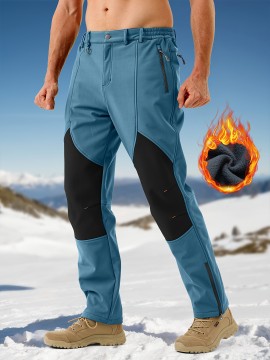1pc ZUTY Men'S Fleece-Lined Waterproof Ski Pants, Softshell Color Block Sports Style with Zipper, Slight Stretch Polyester, Regular Fit for Snowboarding, Hiking - Woven Outdoor Trousers
