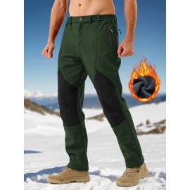 1pc ZUTY Men'S Fleece-Lined Waterproof Ski Pants, Softshell Color Block Sports Style with Zipper, Slight Stretch Polyester, Regular Fit for Snowboarding, Hiking - Woven Outdoor Trousers
