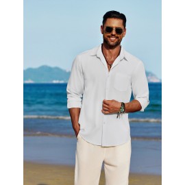 Men'S Polyester Chambray Casual Dress Shirt, Sexy Lapel Collar, Long Sleeve, Solid Color, Slight Stretch Fabric, with Front Slit Hem, Single Breasted Placket, for All-Season Party Wear