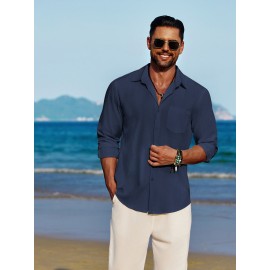 Men'S Polyester Chambray Casual Dress Shirt, Sexy Lapel Collar, Long Sleeve, Solid Color, Slight Stretch Fabric, with Front Slit Hem, Single Breasted Placket, for All-Season Party Wear