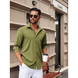 Men'S Polyester Chambray Casual Dress Shirt, Sexy Lapel Collar, Long Sleeve, Solid Color, Slight Stretch Fabric, with Front Slit Hem, Single Breasted Placket, for All-Season Party Wear