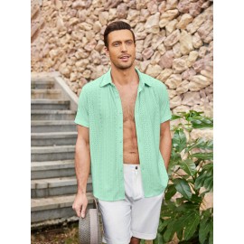 Men's Casual Button-Down Beach Shirt - Short Sleeve, Stretch Fabric, Summer Tropical Top with Turquoise Collar