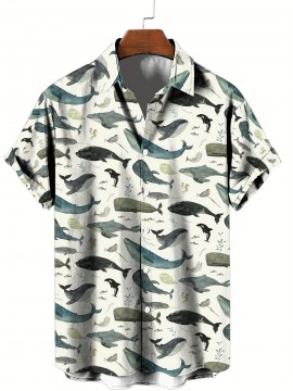 Men's Whale 3D Print Casual Shirt, Button Front Short Sleeve Top, Men's Clothes For Daily Wear/Party