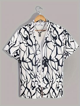Crackle Pattern Print Men's Color Block Short Sleeve Button Up Lapel Shirt For Summer Resort Holiday, Hawaiian Style