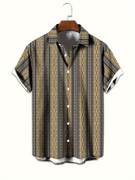 Men's Ethnic Style Geometric Pattern 3D Print Casual Shirt, Button Front Short Sleeve Top, Men's Clothes For Daily Wear/Party