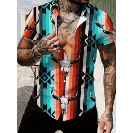 Men's Western Style Bull Skull 3D Print Casual Shirt, Button Front Short Sleeve Top, Men's Clothes For Daily Wear/Party