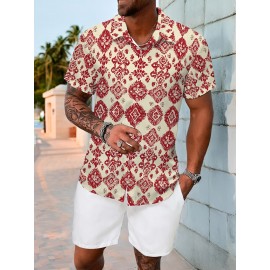 Men'S Summer Casual Print Button-Down Shirt, Polyester Fabric, Non-Stretch, Regular Fit, with Loose Hem, for Woven Lapel Collar Top