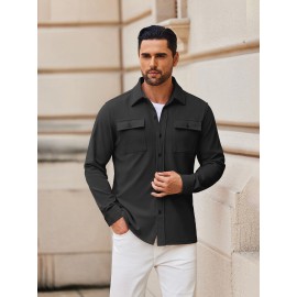 1pc Men'S Casual Polyester Shirting Jacket - Solid Color Long Sleeve Button Down Shacket with Pockets, Non-Stretch Knit Fabric, Regular Fit for Spring/Fall