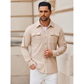 1pc Men'S Casual Polyester Shirting Jacket - Solid Color Long Sleeve Button Down Shacket with Pockets, Non-Stretch Knit Fabric, Regular Fit for Spring/Fall