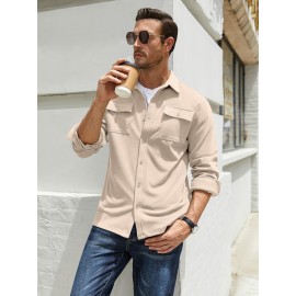 1pc Men'S Casual Polyester Shirting Jacket - Solid Color Long Sleeve Button Down Shacket with Pockets, Non-Stretch Knit Fabric, Regular Fit for Spring/Fall