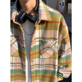 Color Block Plaid Men's Retro Long Sleeve Button Down Shirt With Chest Pockets, Spring Fall Casual Outdoor Loose Shirt