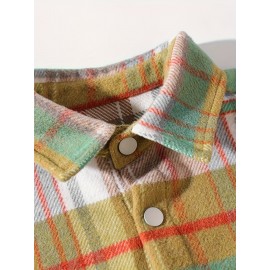 Color Block Plaid Men's Retro Long Sleeve Button Down Shirt With Chest Pockets, Spring Fall Casual Outdoor Loose Shirt