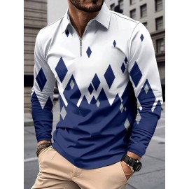 1pc Men'S Geometric-Patterned Polyester Golf Shirt - Knit Fabric with Slight Stretch, Regular Fit, Lapel Collar, Button Details, Long Sleeve, Flip Collar for Fall/Winter - Ideal for Outdoor Sports & Parties