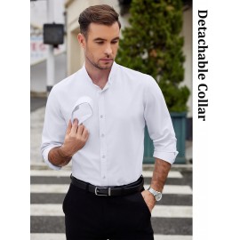 Men's 2-in-1 Formal & Casual Shirt with Detachable Collar - Long Sleeve, Wrinkle-Resistant Polyester Blend, Button-Up Business Style