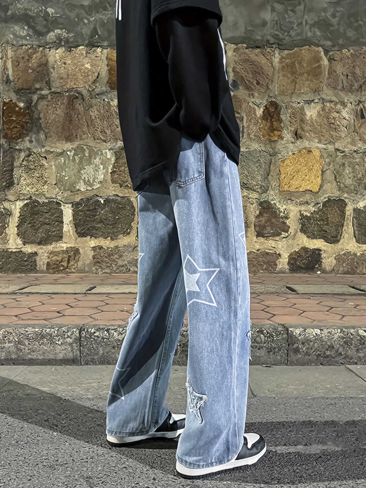 vintage mens korean denim pants y2k cltohes streetwear printed   male baggy jeans straight trousers details 1