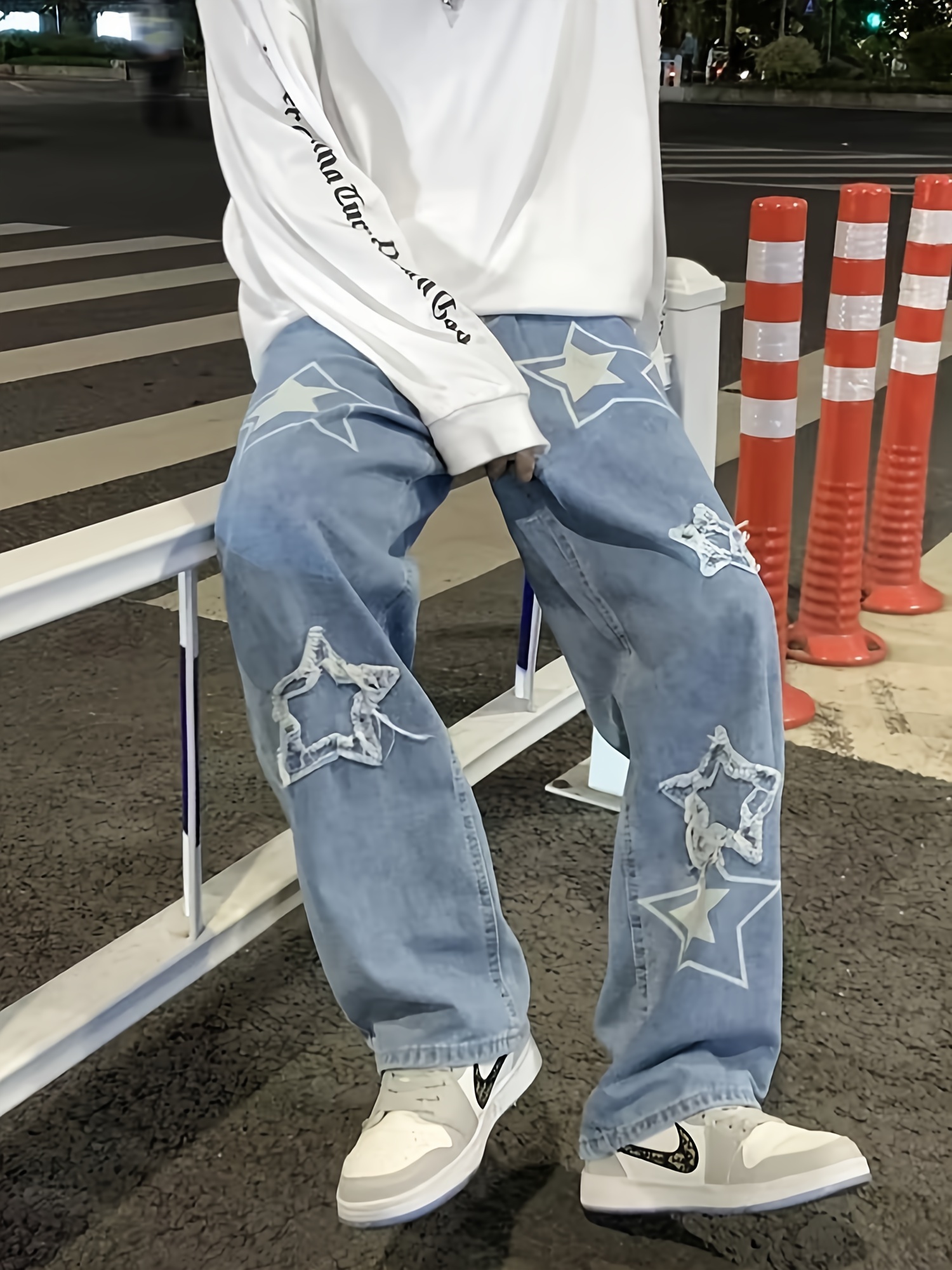 vintage mens korean denim pants y2k cltohes streetwear printed   male baggy jeans straight trousers details 4