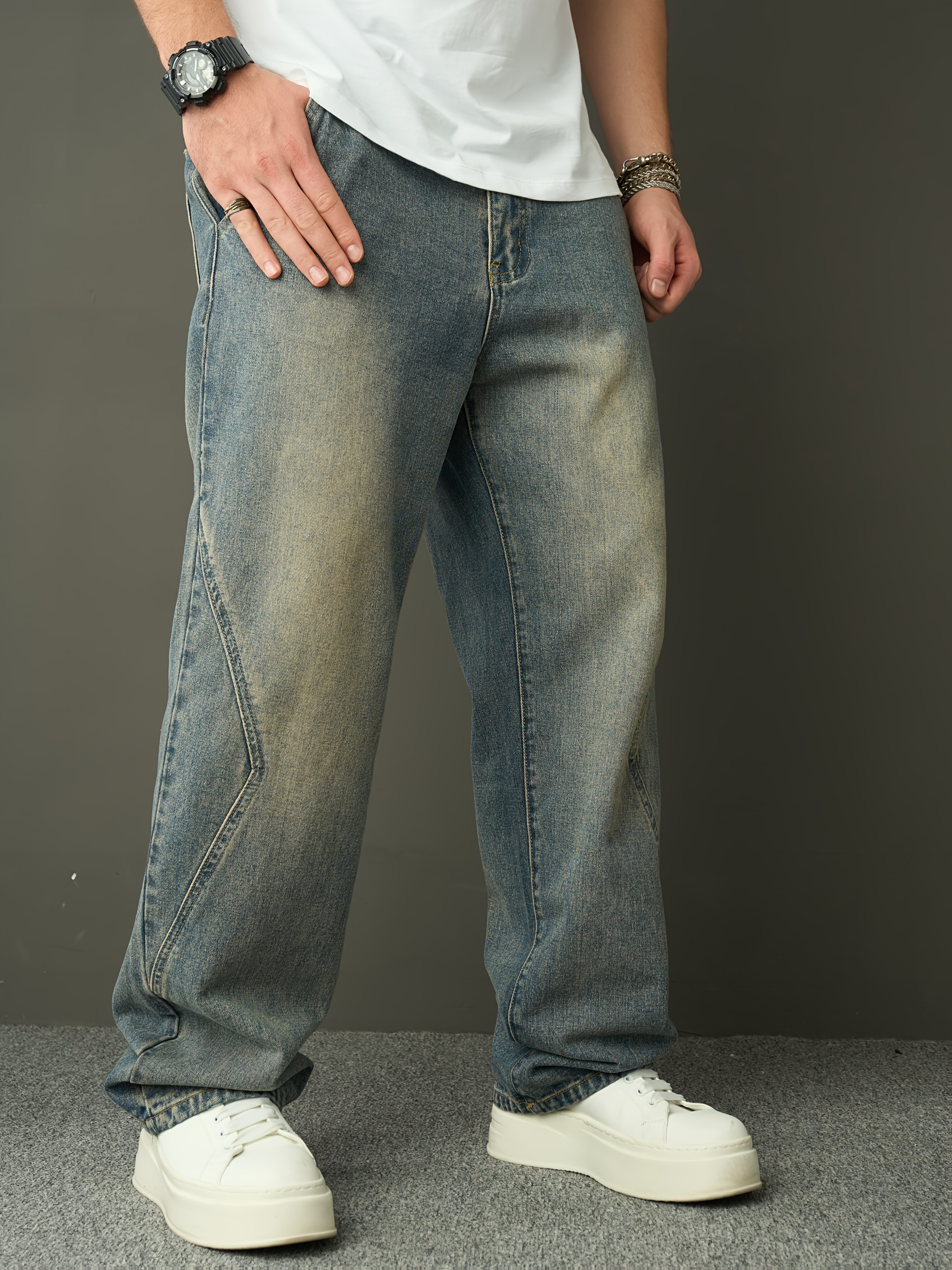 Men S   Denim Washed Retro Casual Straight Leg Pants Fashionable And     Loose Wide Leg Pants details 0