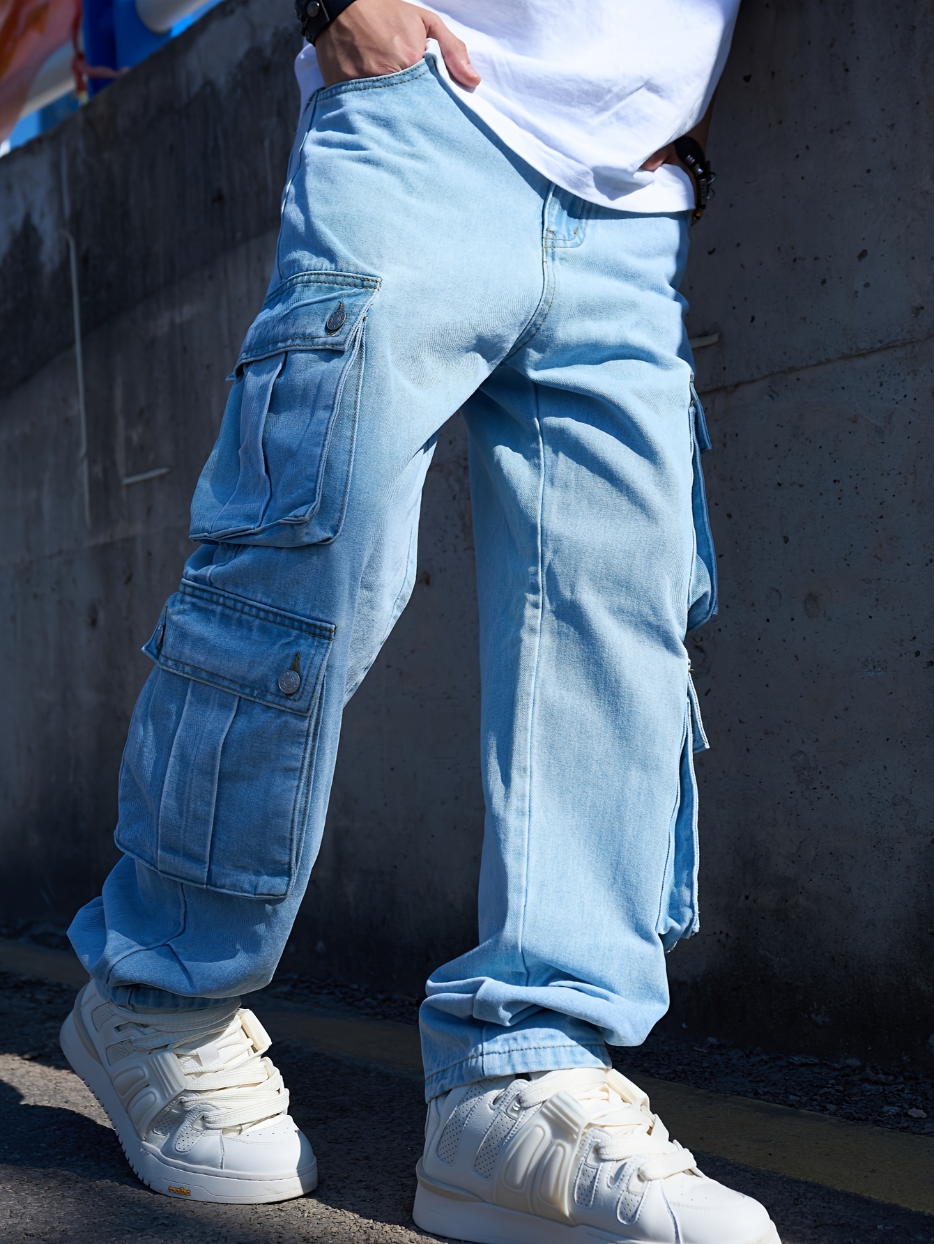 mens stylish loose fit cargo jeans with large pockets casual straight leg denim machine washable details 2