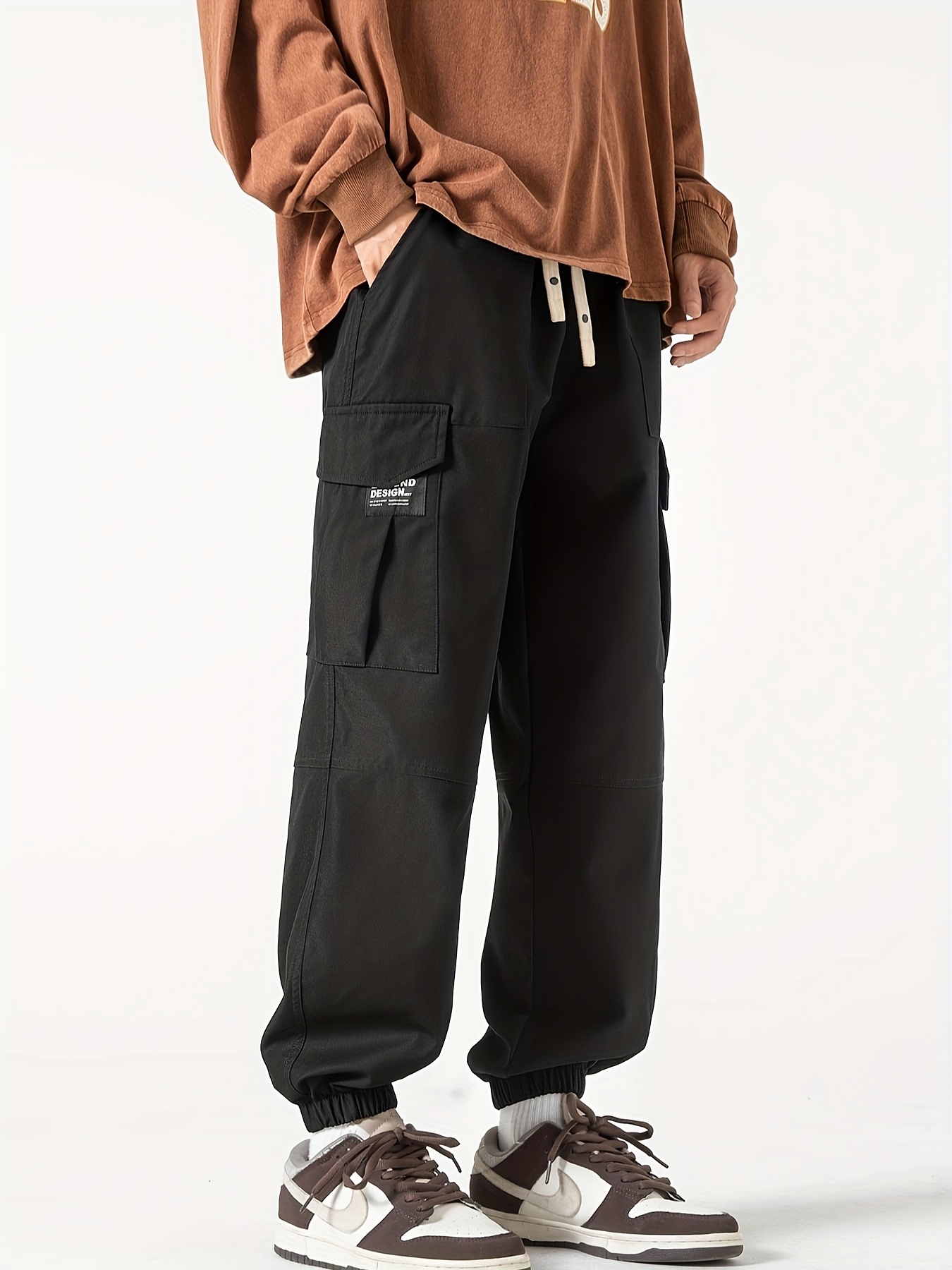 [1pc Men S Casual Cargo Pants] Men S Casual Cargo Pants, Polyester 100%, Loose Fit, Non-Stretch, Solid Color, with Drawstring, Multiple Pockets, for Spring/Fall, Woven Regular Length details 0