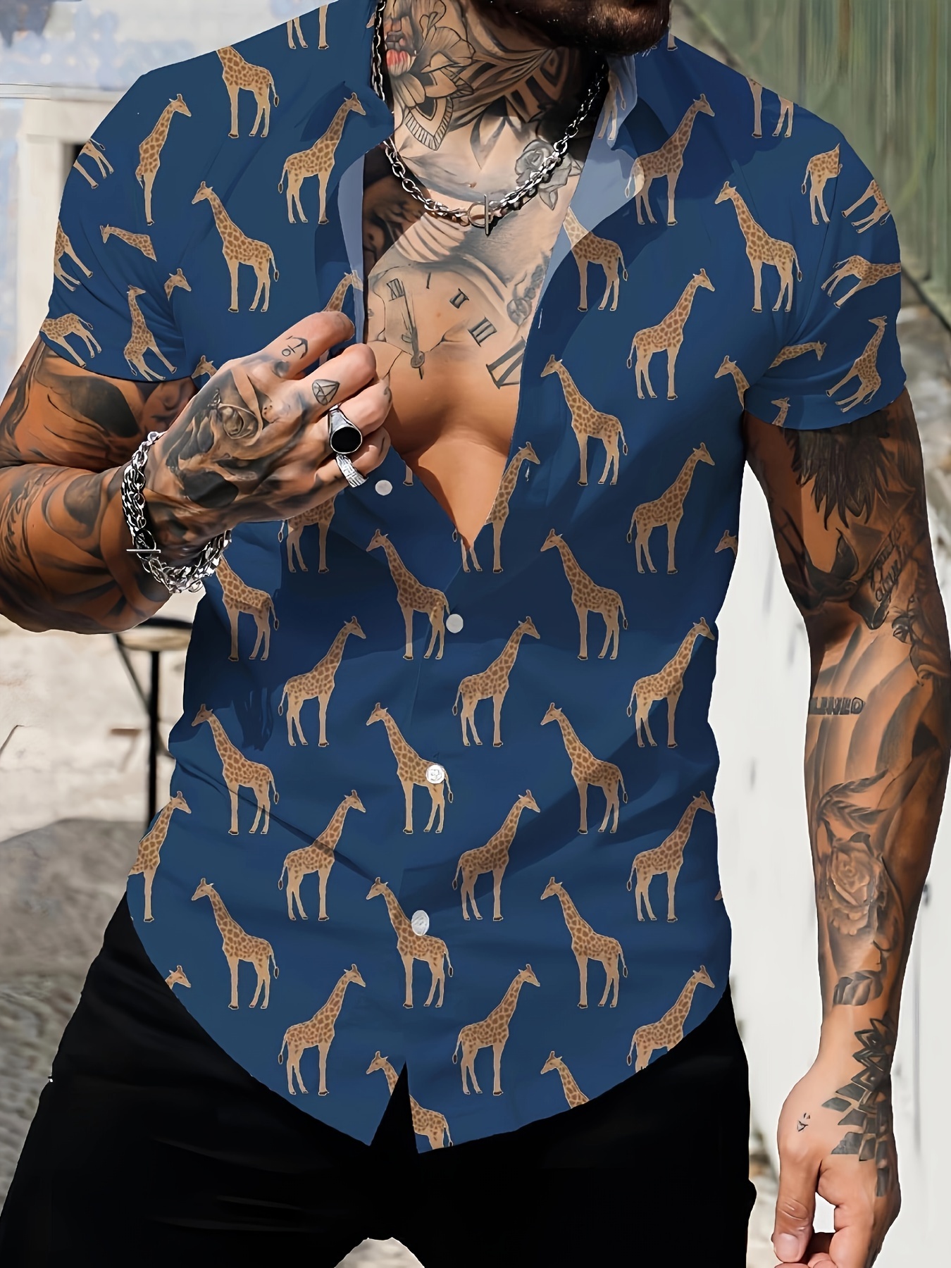 mens giraffe 3d print casual shirt button front short sleeve top mens clothes for daily wear party details 2