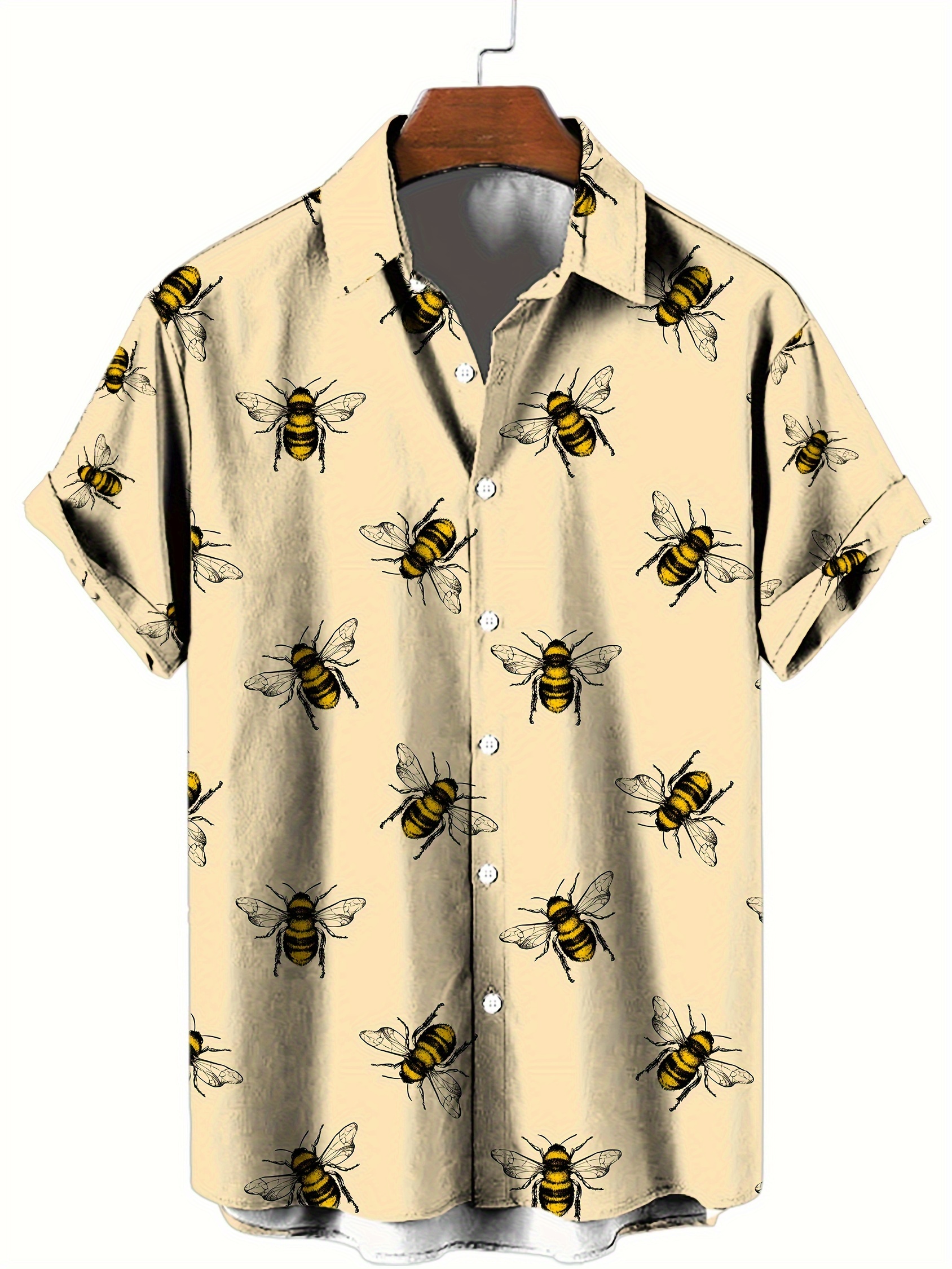 bees pattern allover print mens short sleeve lapel shirt top male casual button up shirt for daily and vacation resorts beach details 1