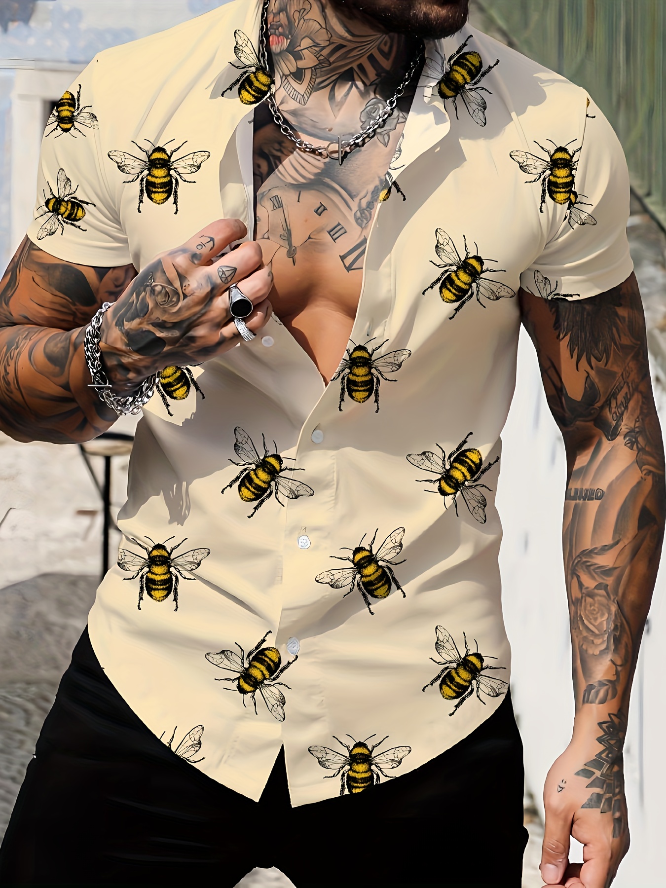 bees pattern allover print mens short sleeve lapel shirt top male casual button up shirt for daily and vacation resorts beach details 2