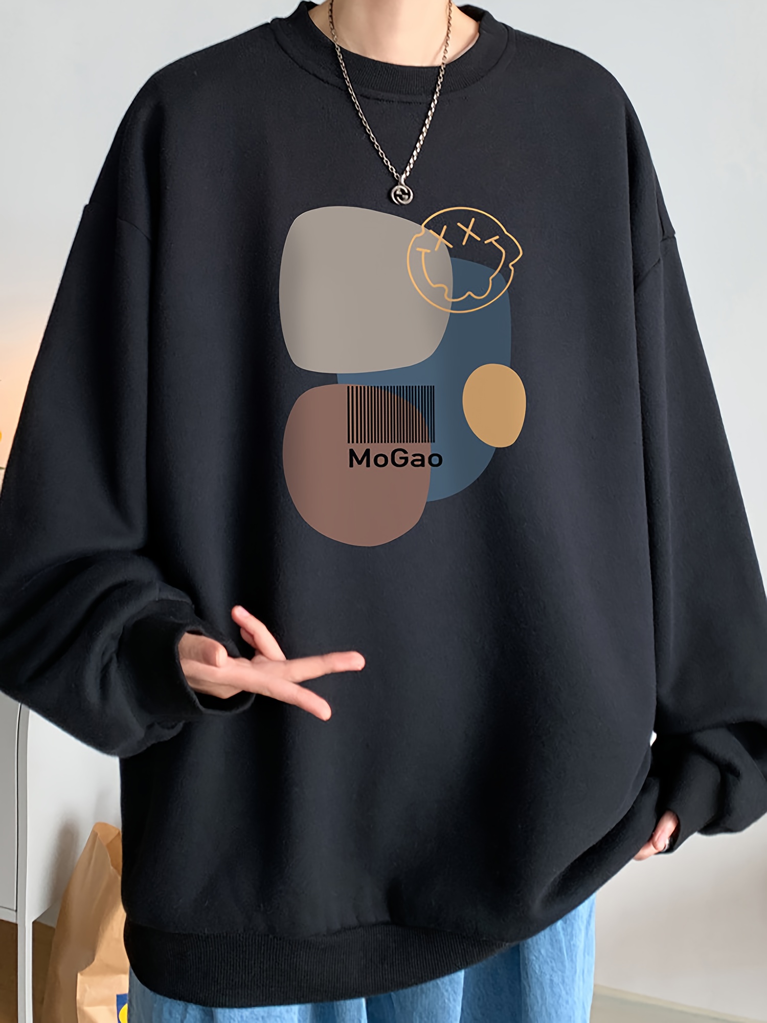   casual geometric sweatshirt for men polyester knit fabric long sleeve regular fit round neck comfortable and trendy unisex hoodie details 10