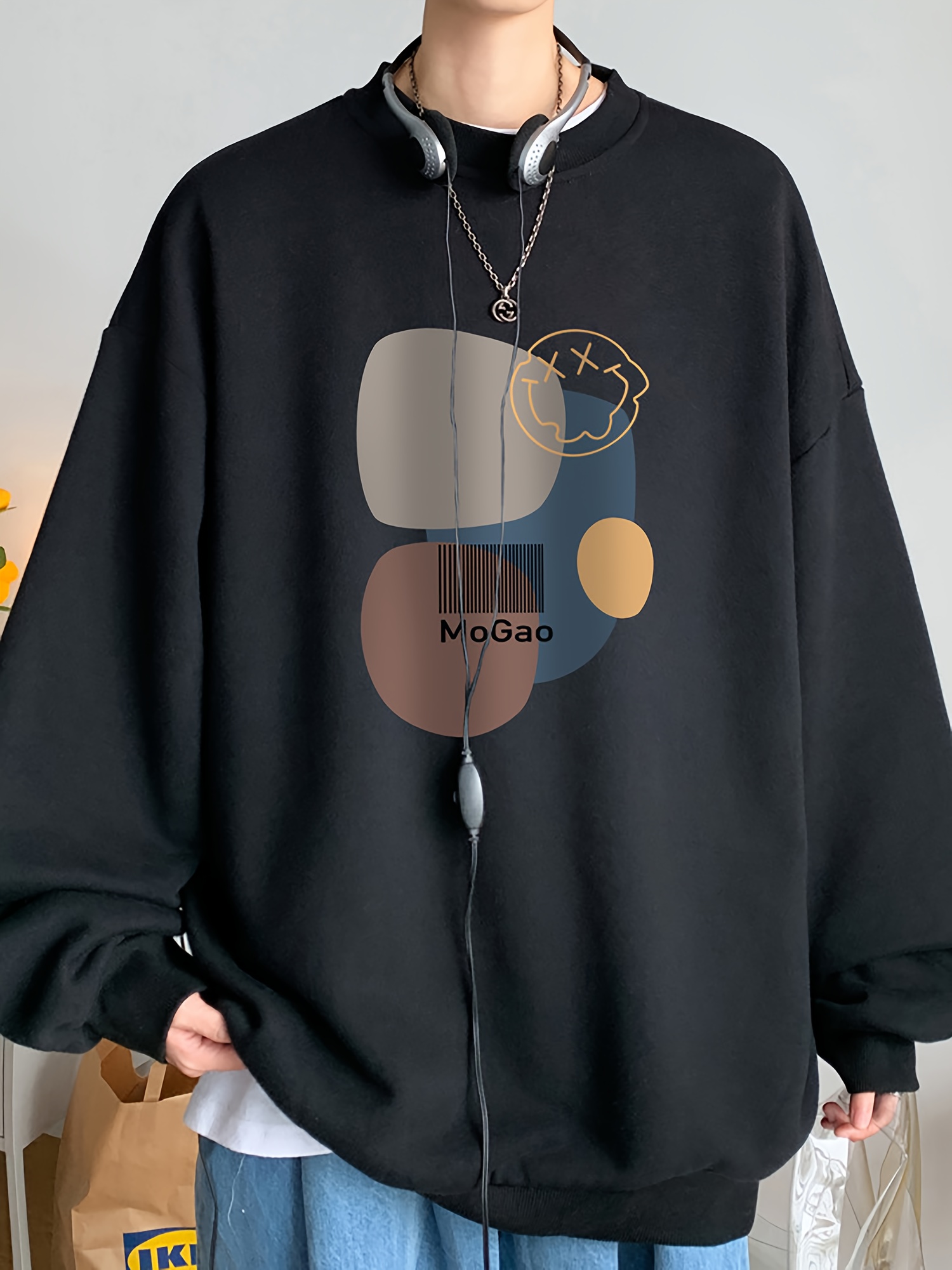   casual geometric sweatshirt for men polyester knit fabric long sleeve regular fit round neck comfortable and trendy unisex hoodie details 13