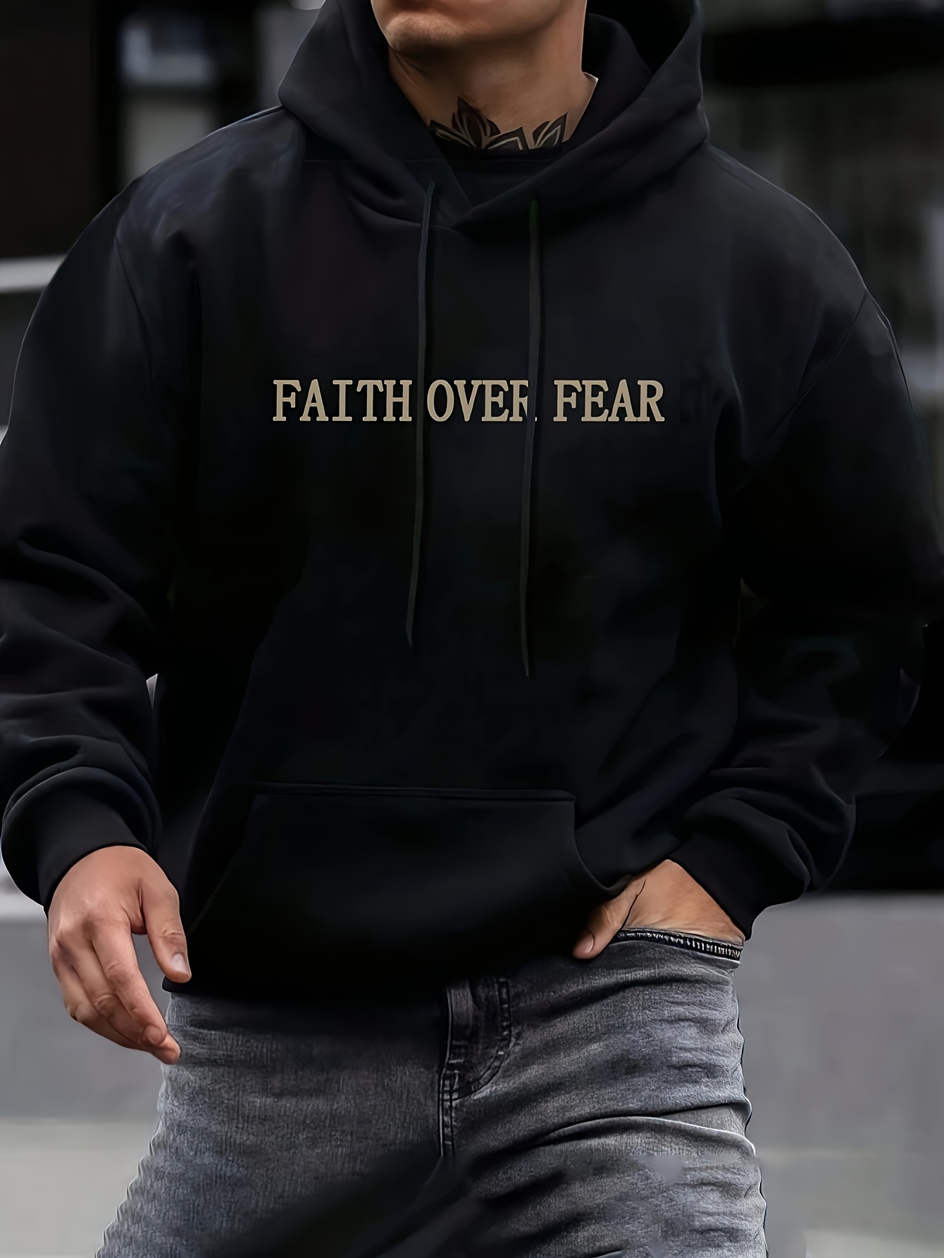 mens hooded fleece sweatshirt is a casual and   hooded sweatshirt with faith over fear letter print details 1